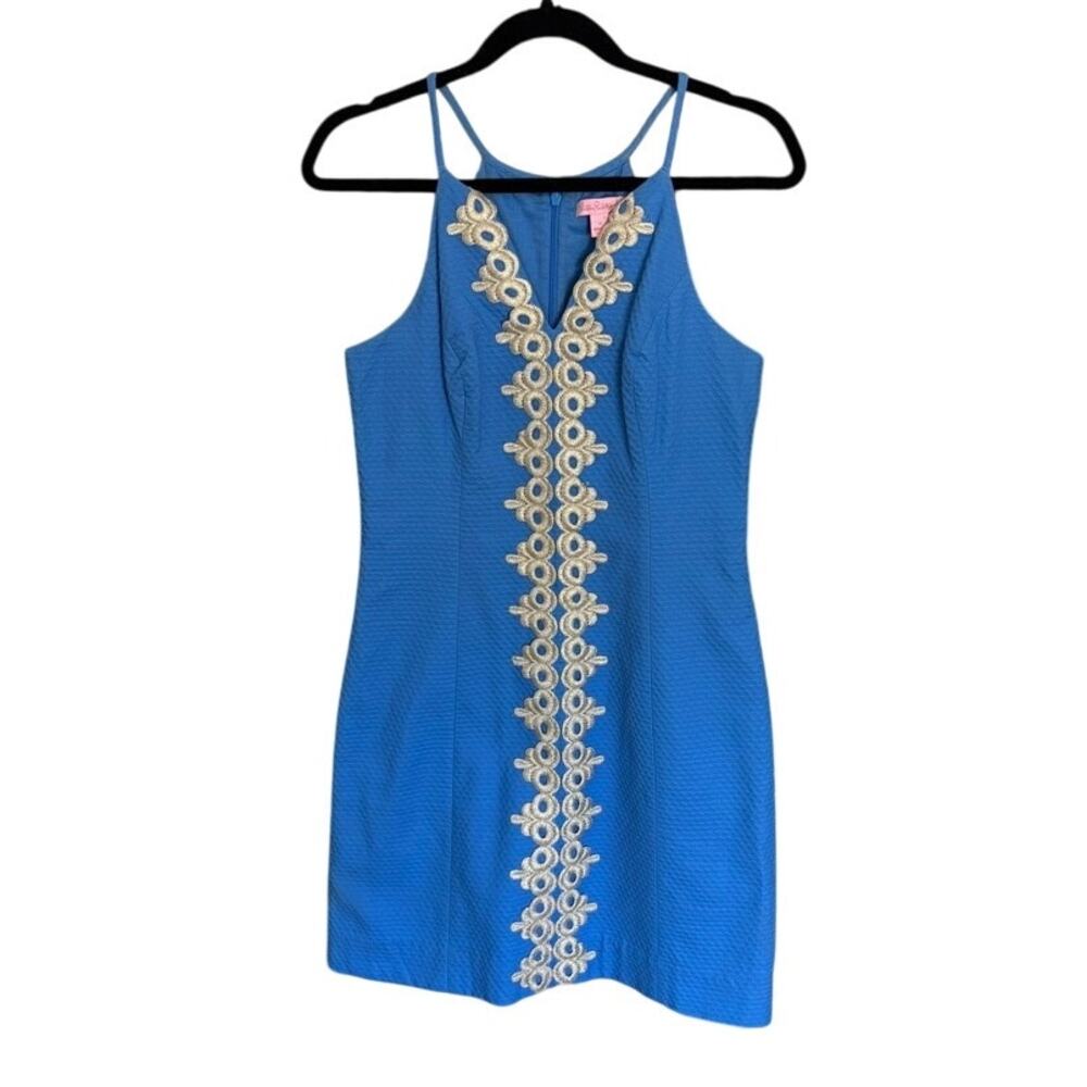 Lilly Pulitzer Pearl Shift Dress Lapis Blue Gold Trim Size 4 — Resort Preppy